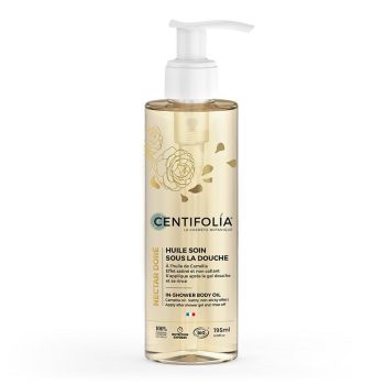 Frasco transparente com doseador contendo óleo de duche Centifolia Nectar Dourado, enriquecido com óleo de camélia, indicado para hidratação e suavidade da pele, embalagem de 195 ml.