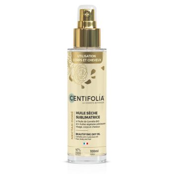 Frasco de 100ml de óleo seco sublimador Golden Néctar da Centifolia, com doseador, indicado para rosto, corpo e cabelo, com óleo de camélia biológico e quatro óleos vegetais preciosos.